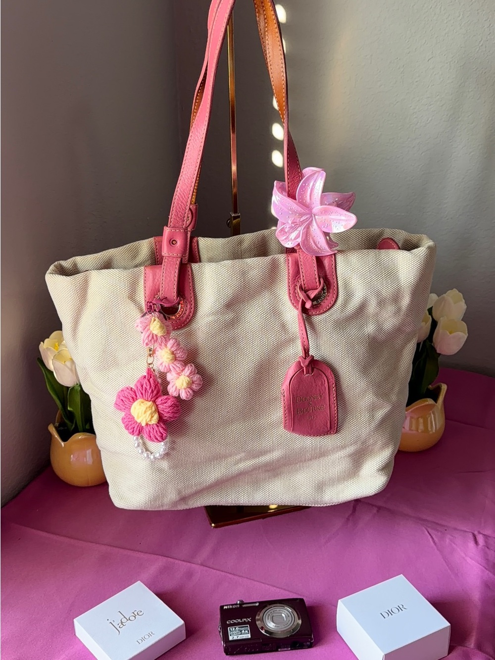 Dooney & Bourke Canvas Tote with Pink Leather Trim and Floral Charms